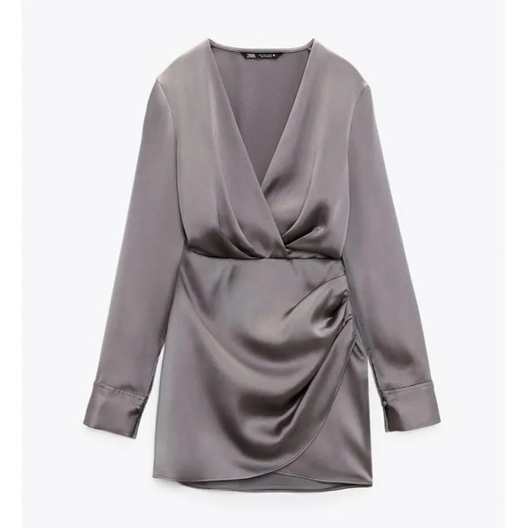 NWT ZARA Grey satin wrap dress - Picture 3 of 4